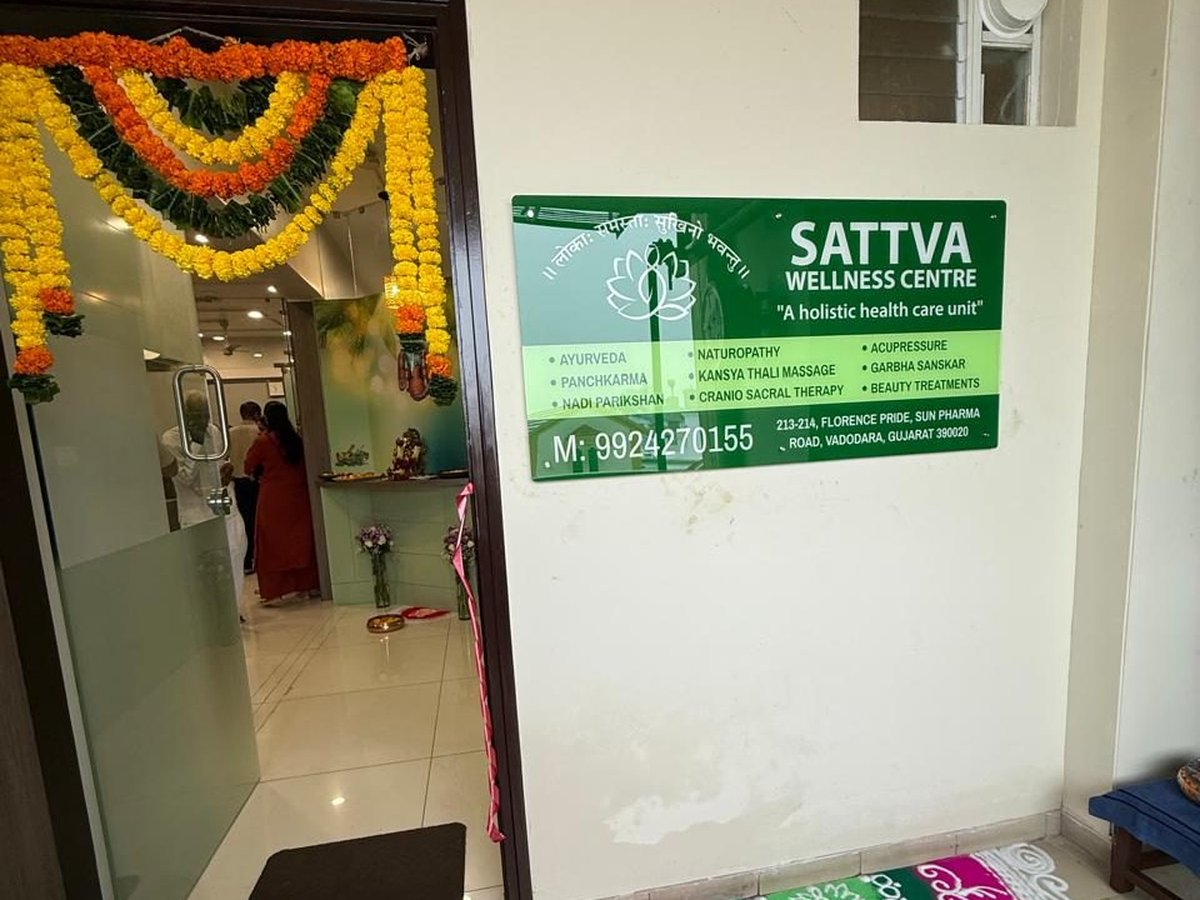 Sattva Wellness Centre entrance, decorated with marigold garlands, showing the clinic signage